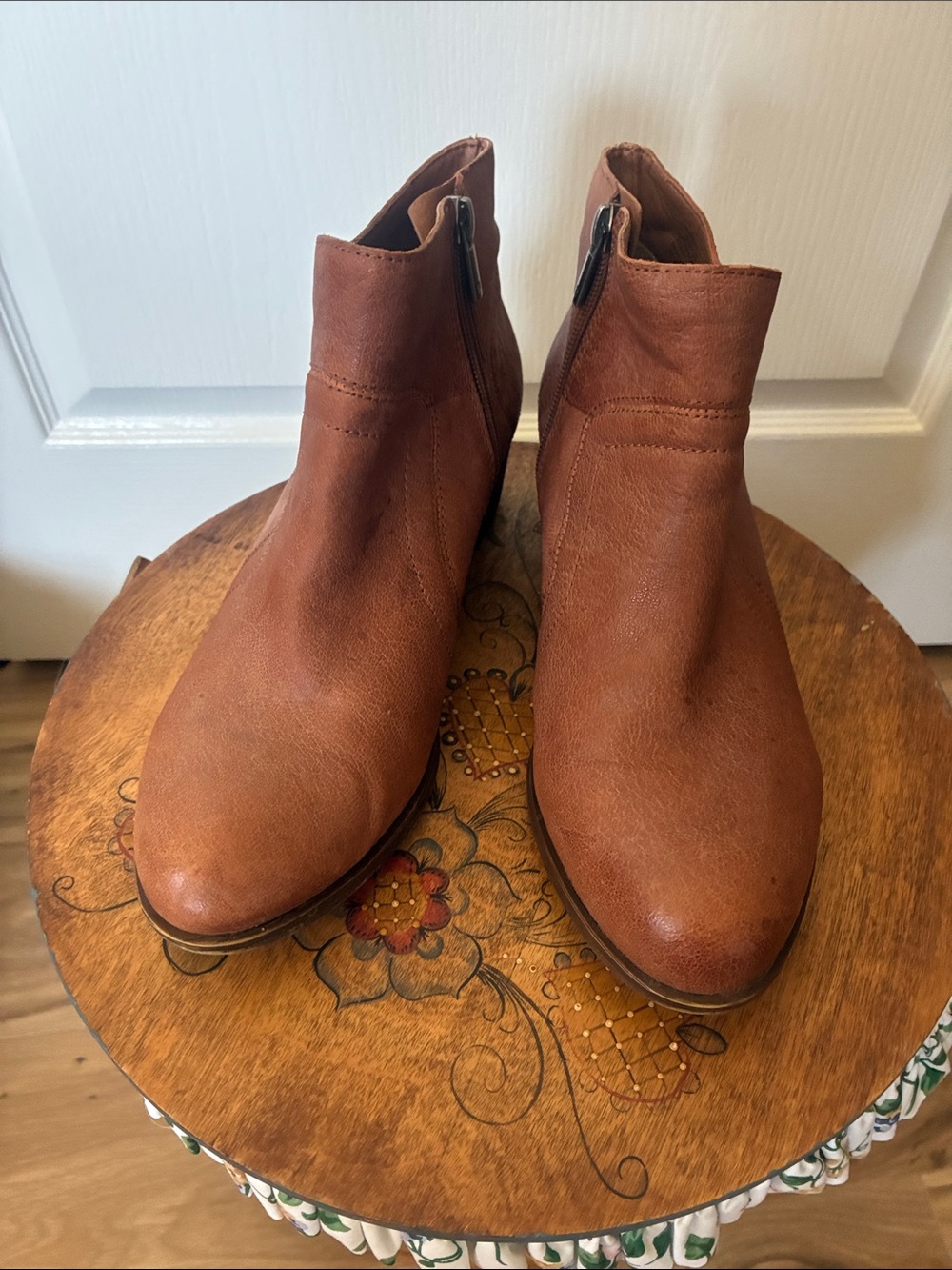 Lucky Brand Cognac Brown Leather Ankle Booties with Side Zippers